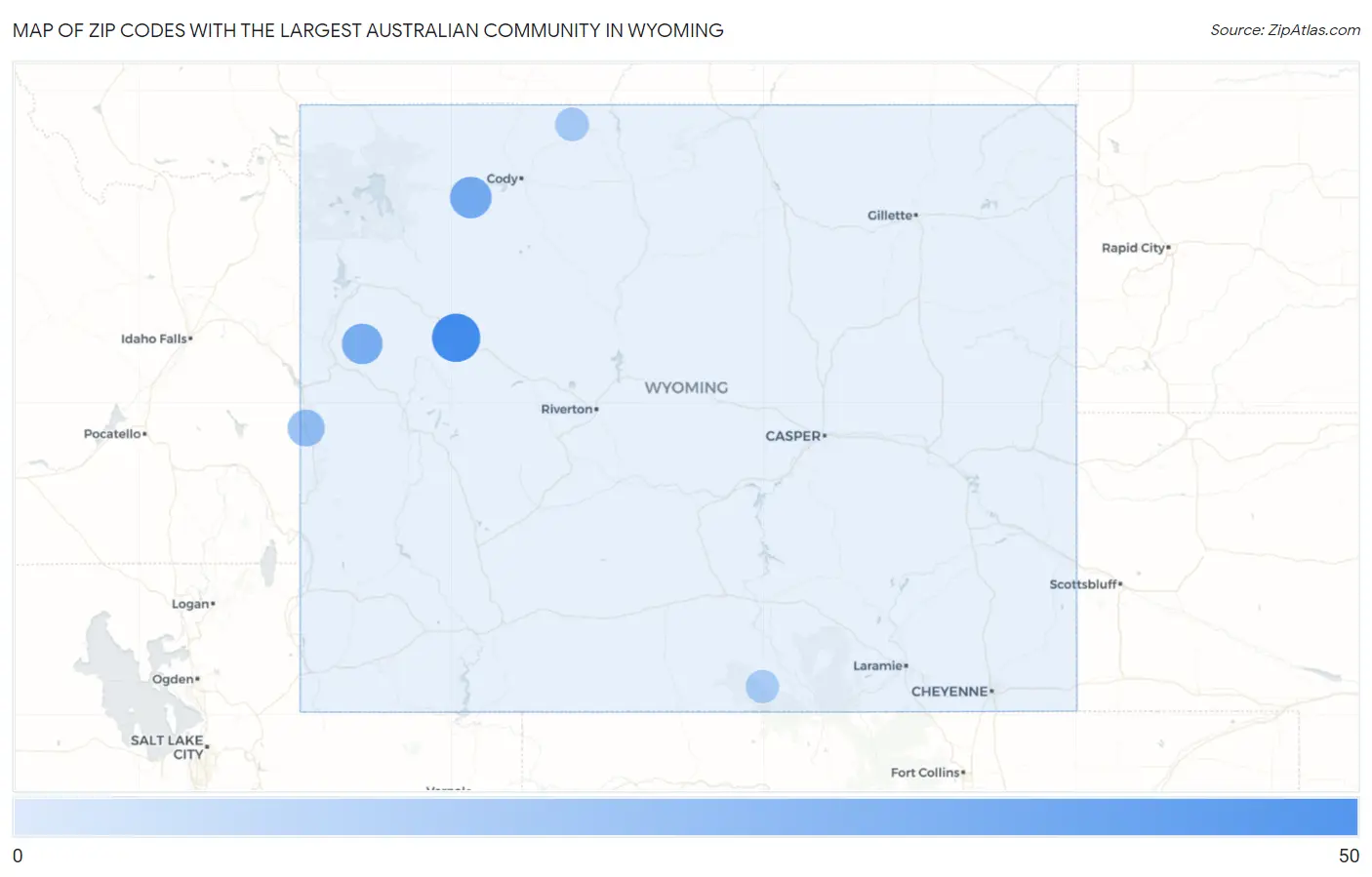 Zip Codes with the Largest Australian Community in Wyoming Map