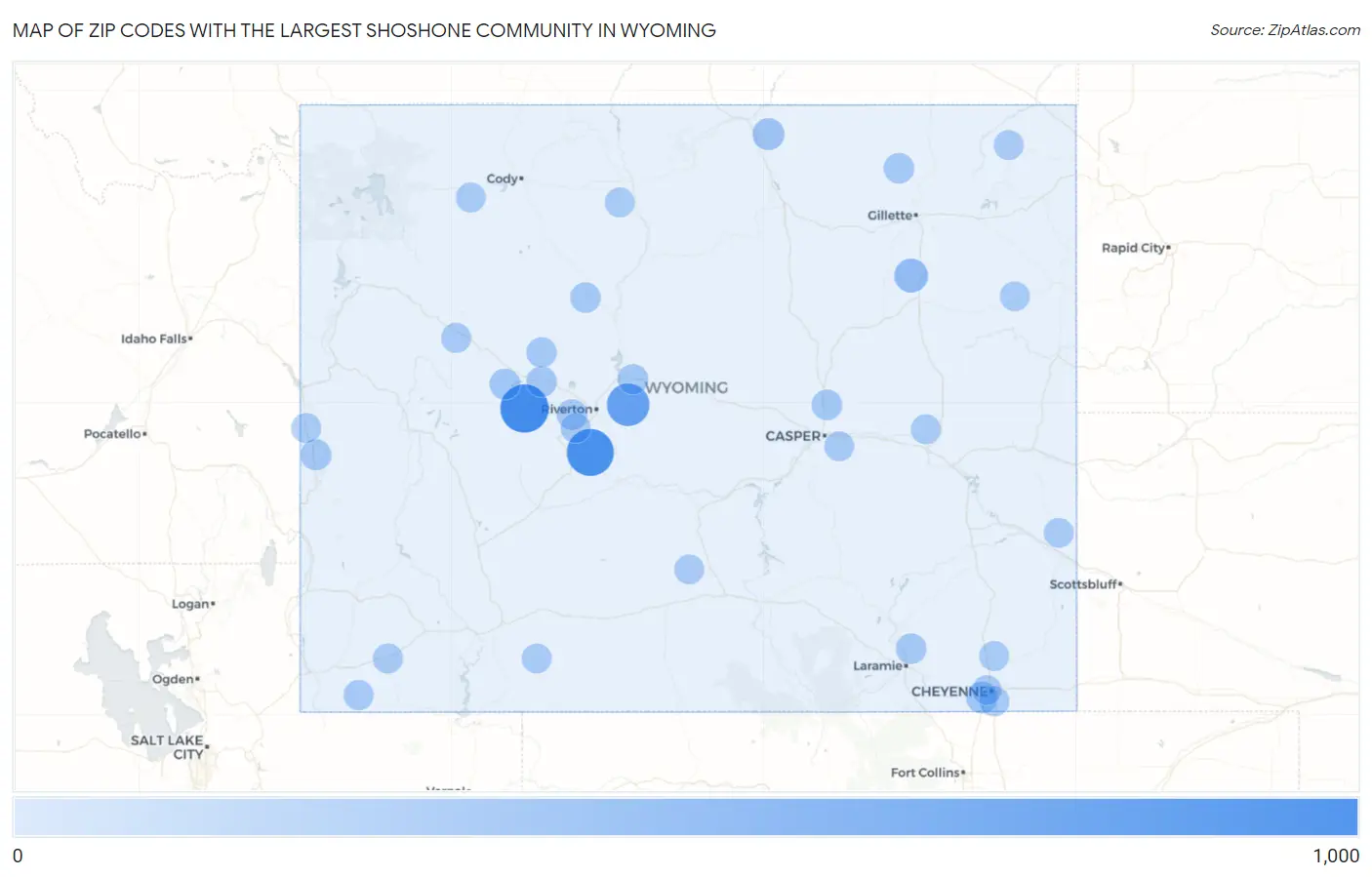 Zip Codes with the Largest Shoshone Community in Wyoming Map