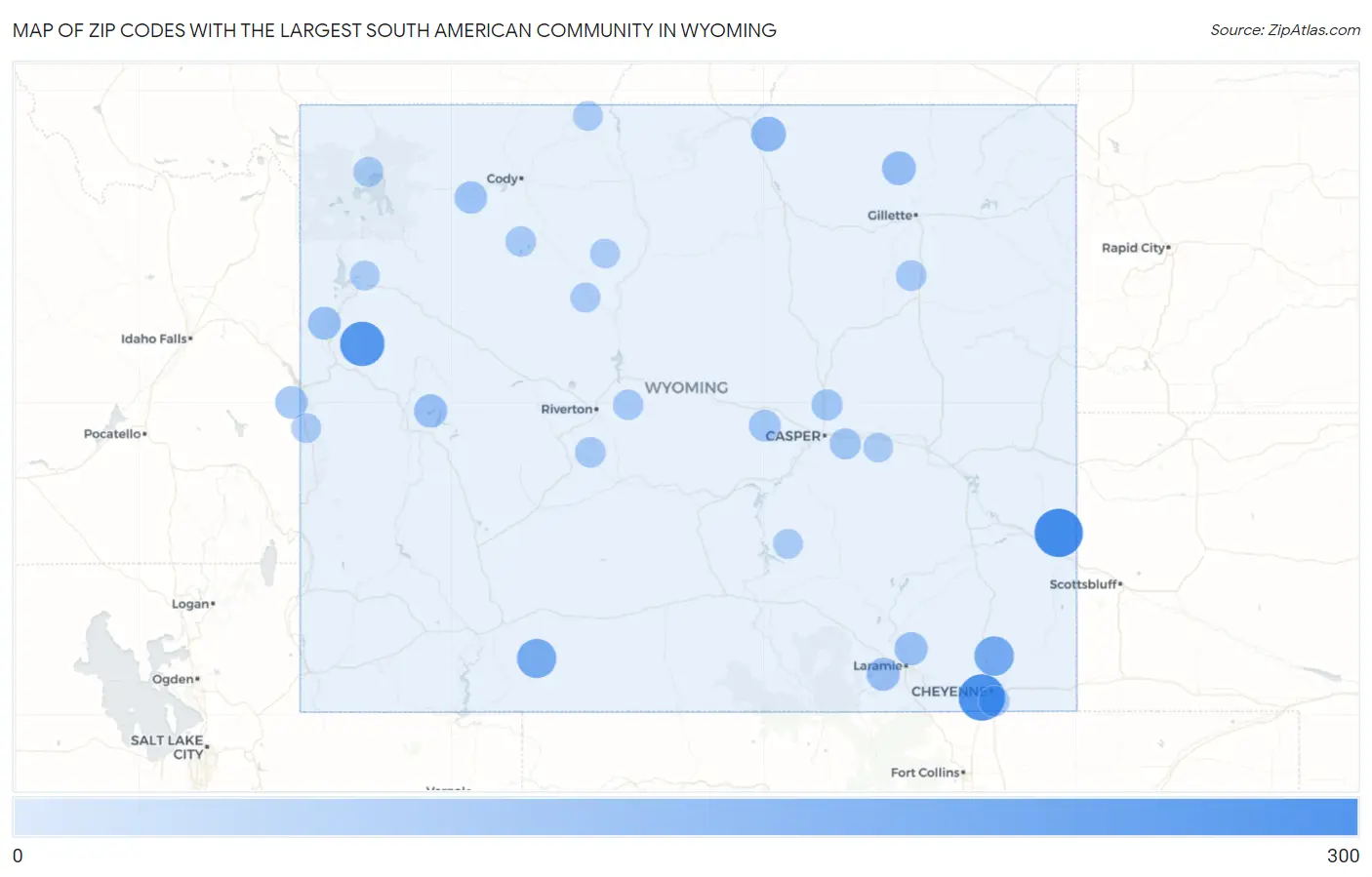 Zip Codes with the Largest South American Community in Wyoming Map