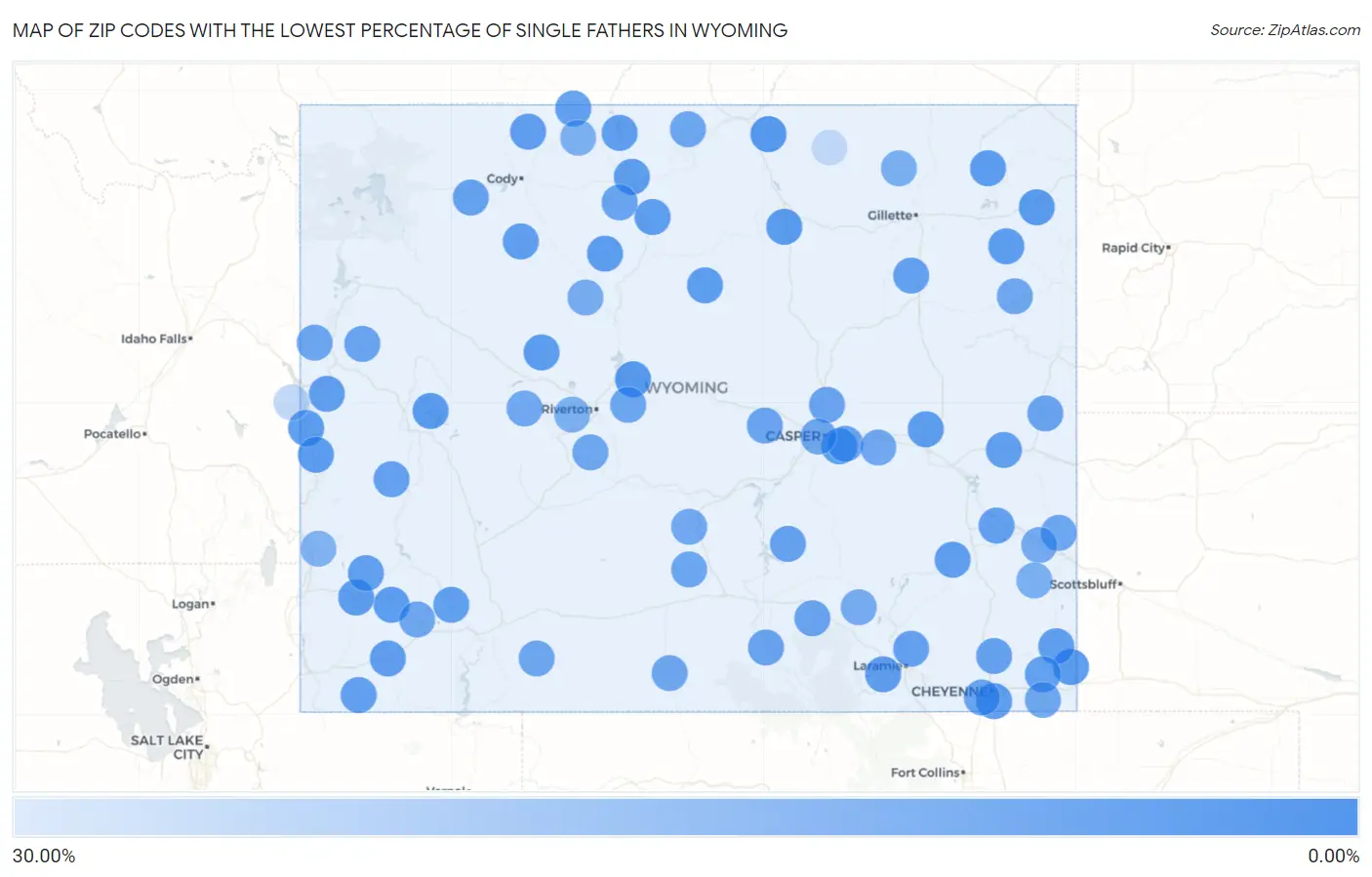 Zip Codes with the Lowest Percentage of Single Fathers in Wyoming Map