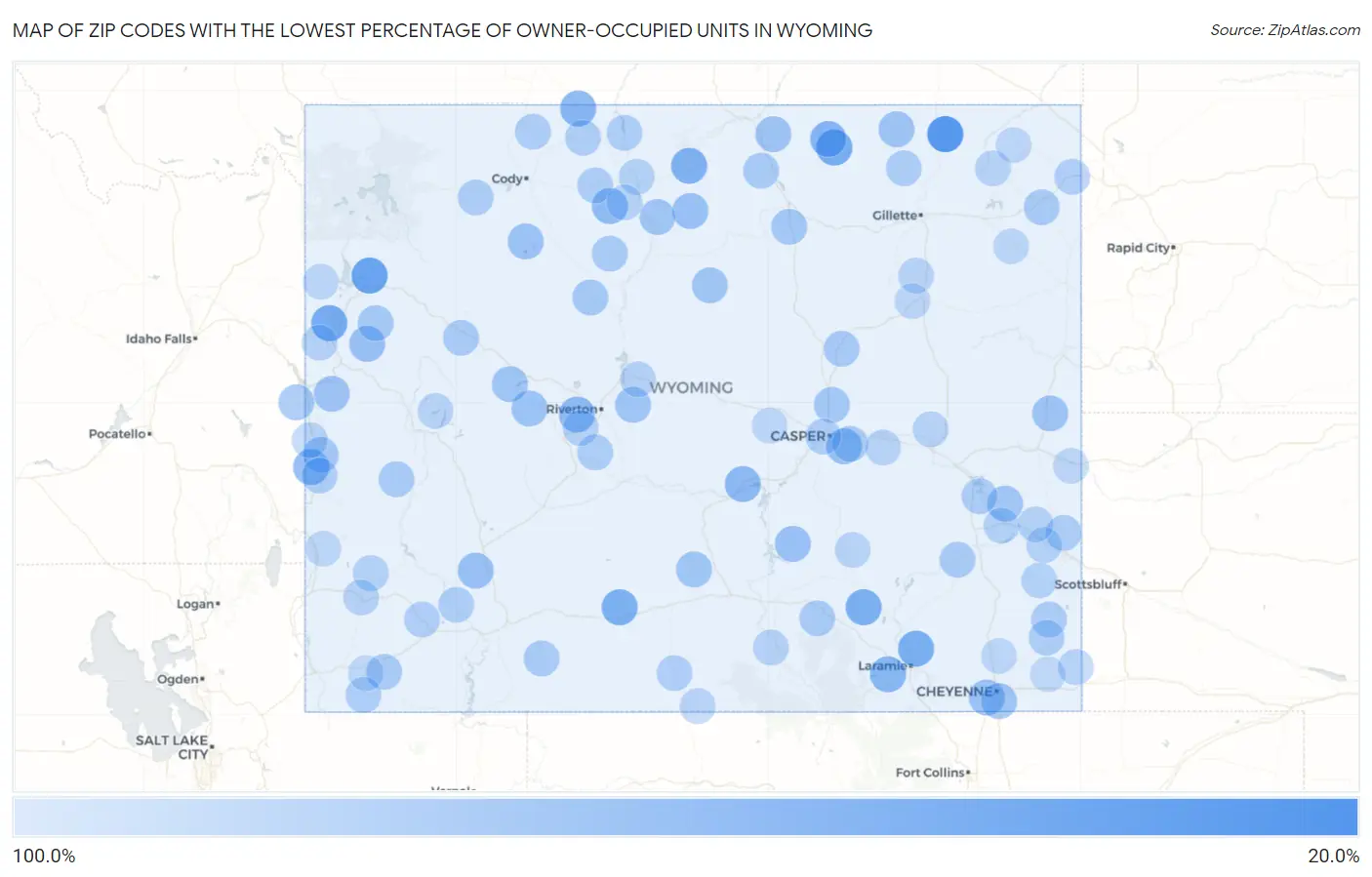 Zip Codes with the Lowest Percentage of Owner-Occupied Units in Wyoming Map