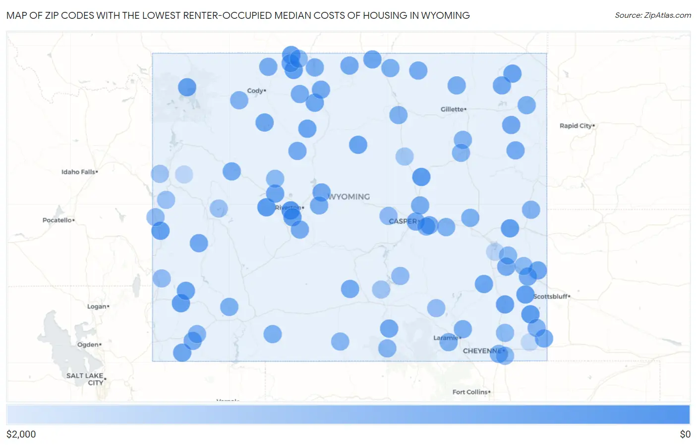 Zip Codes with the Lowest Renter-Occupied Median Costs of Housing in Wyoming Map