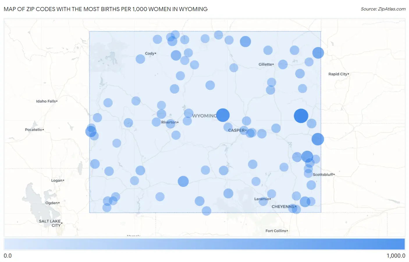 Zip Codes with the Most Births per 1,000 Women in Wyoming Map