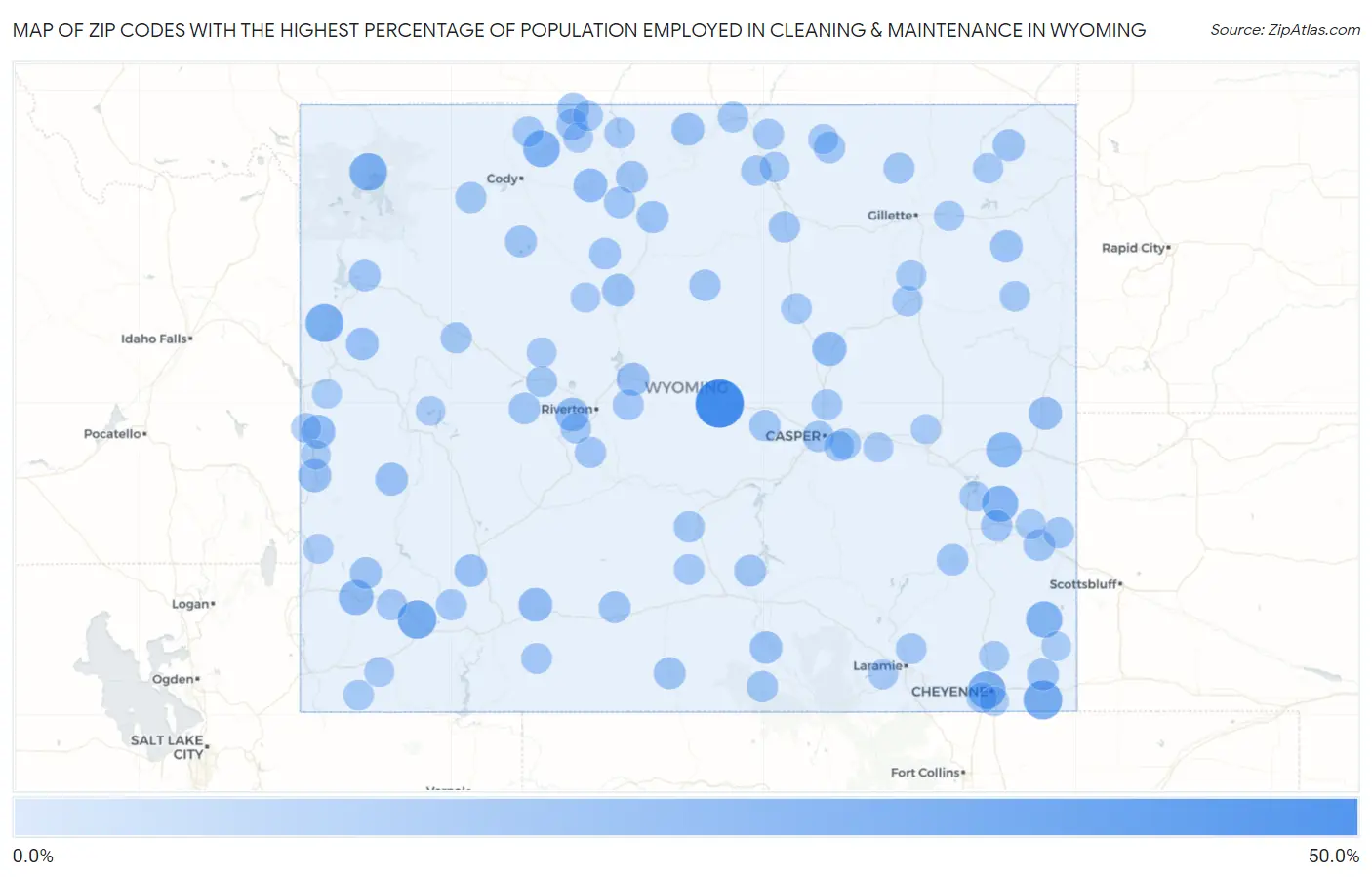 Zip Codes with the Highest Percentage of Population Employed in Cleaning & Maintenance in Wyoming Map