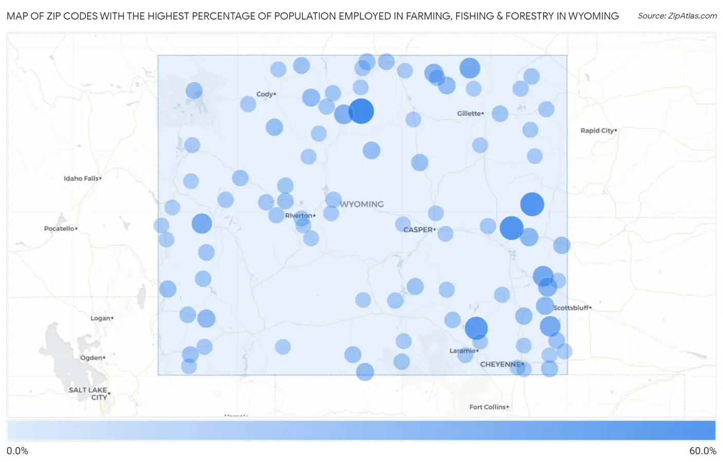 Zip Codes with the Highest Percentage of Population Employed in Farming, Fishing & Forestry in Wyoming Map