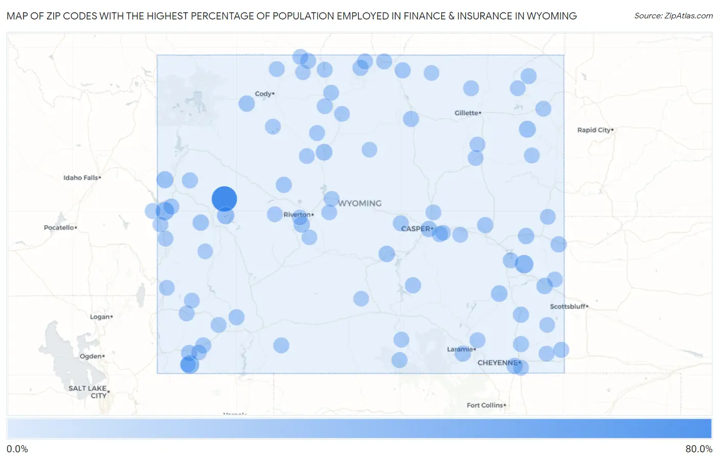 Zip Codes with the Highest Percentage of Population Employed in Finance & Insurance in Wyoming Map