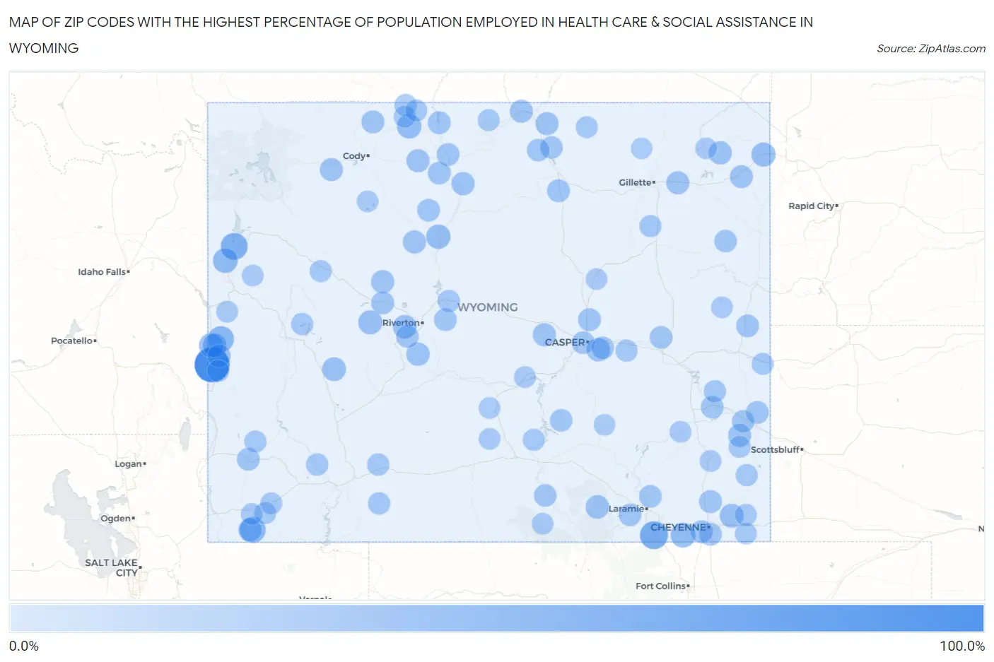 Zip Codes with the Highest Percentage of Population Employed in Health Care & Social Assistance in Wyoming Map