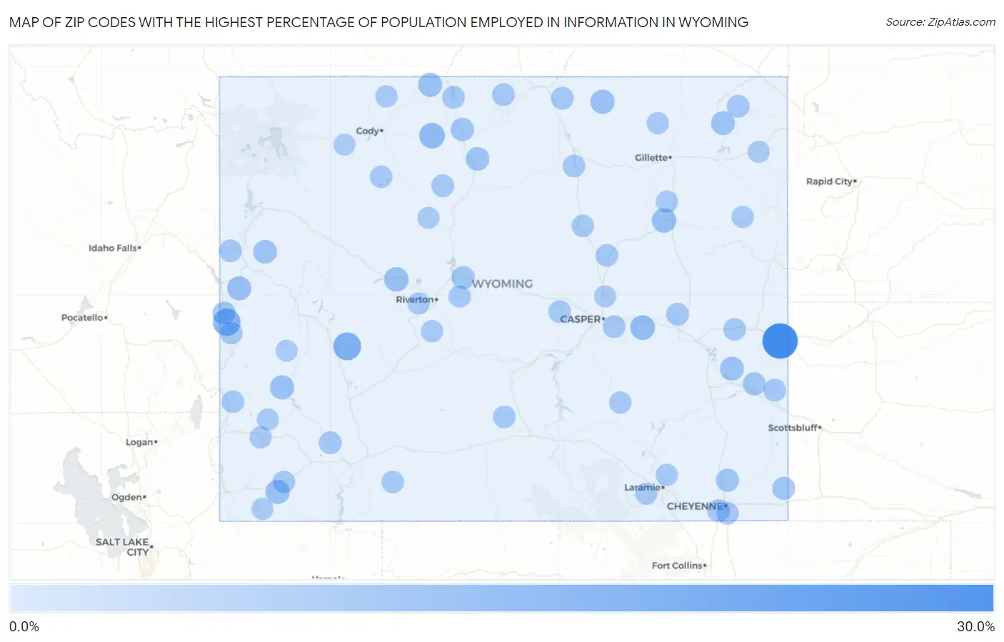 Zip Codes with the Highest Percentage of Population Employed in Information in Wyoming Map