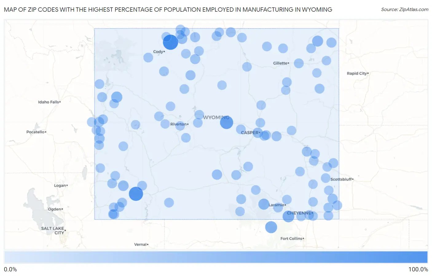 Zip Codes with the Highest Percentage of Population Employed in Manufacturing in Wyoming Map