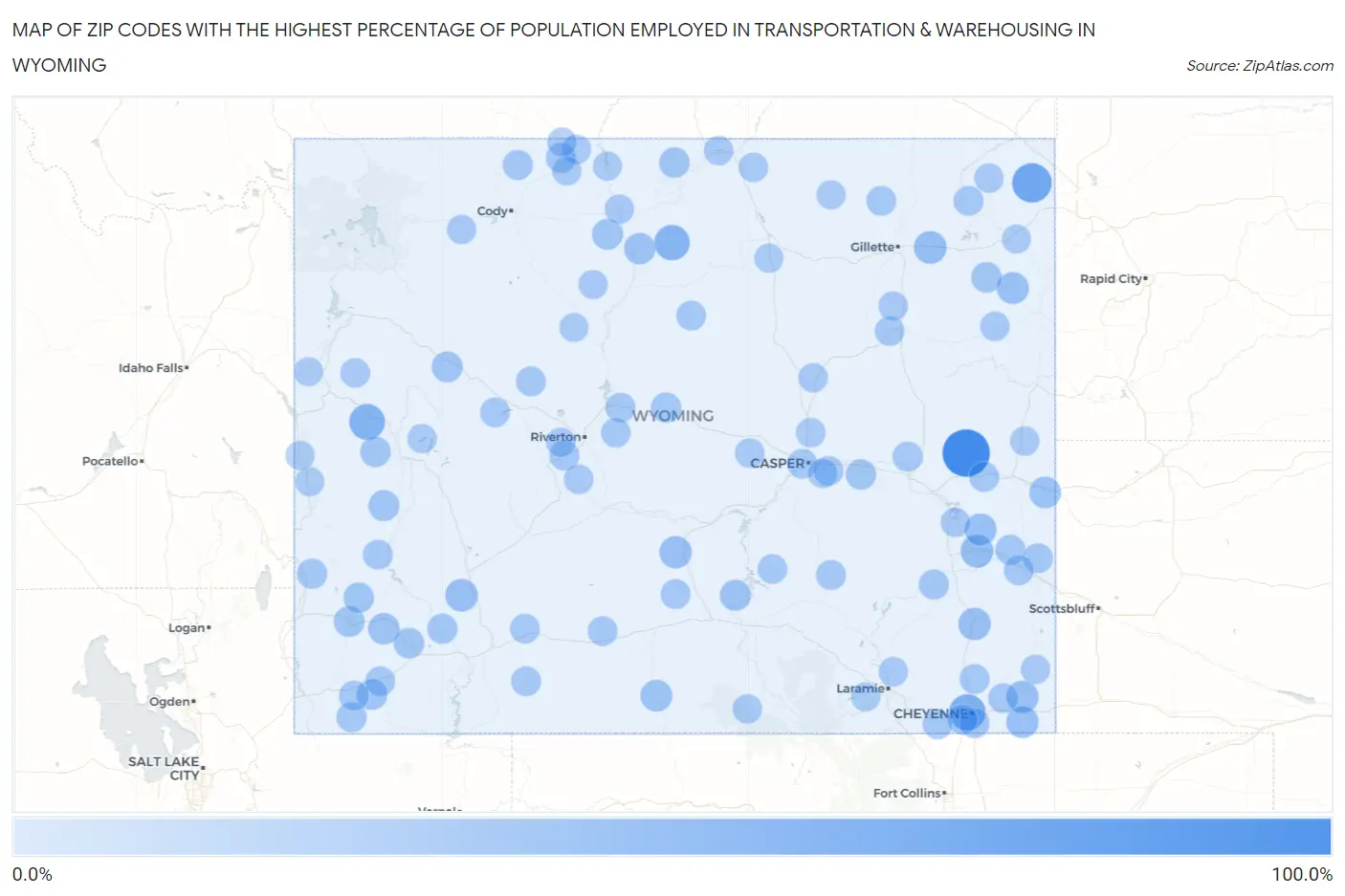 Zip Codes with the Highest Percentage of Population Employed in Transportation & Warehousing in Wyoming Map