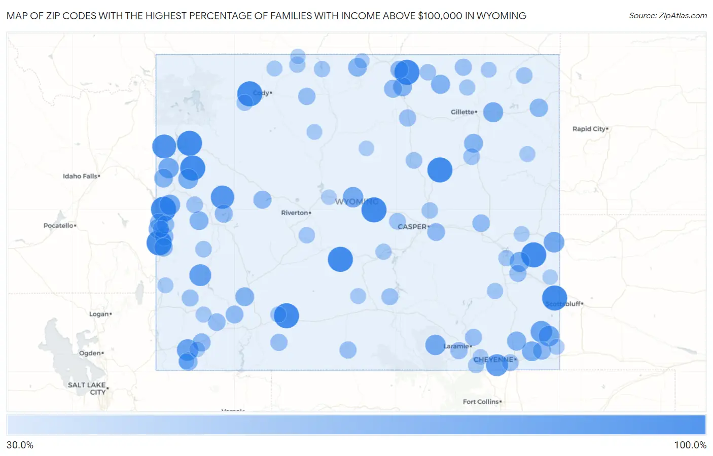 Zip Codes with the Highest Percentage of Families with Income Above $100,000 in Wyoming Map