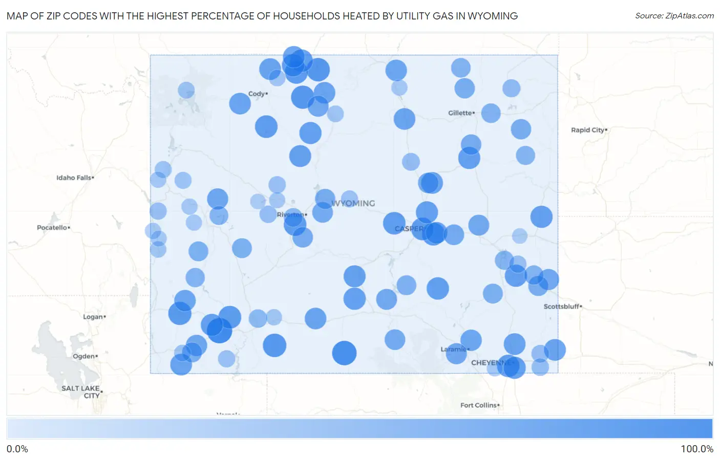 Zip Codes with the Highest Percentage of Households Heated by Utility Gas in Wyoming Map