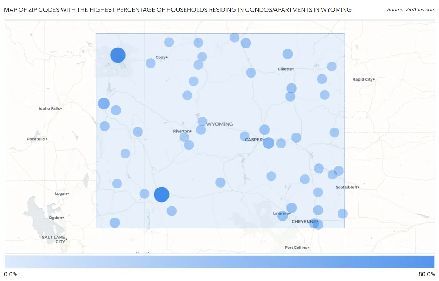 Zip Codes with the Highest Percentage of Households Residing in Condos/Apartments in Wyoming Map