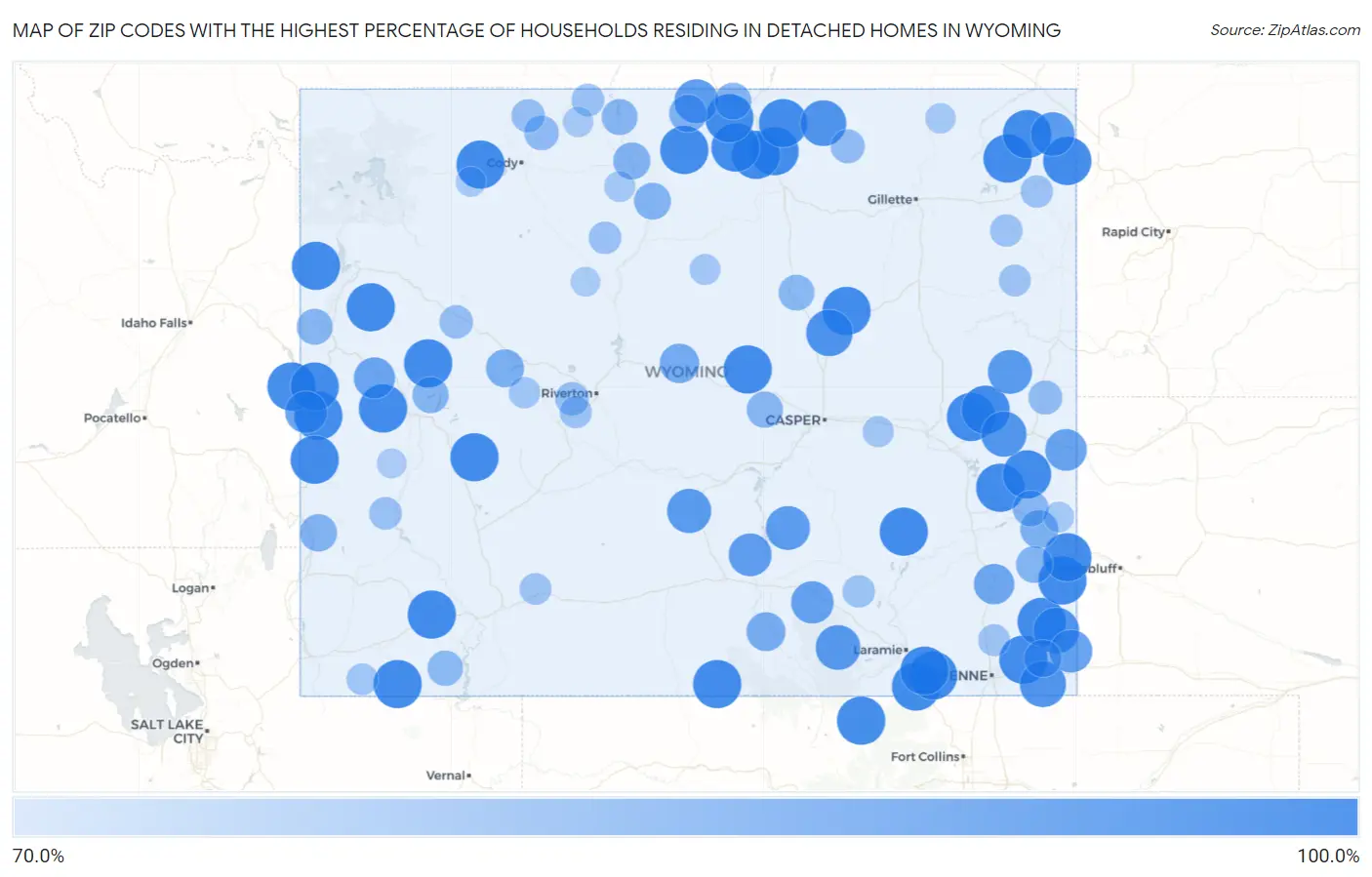 Zip Codes with the Highest Percentage of Households Residing in Detached Homes in Wyoming Map