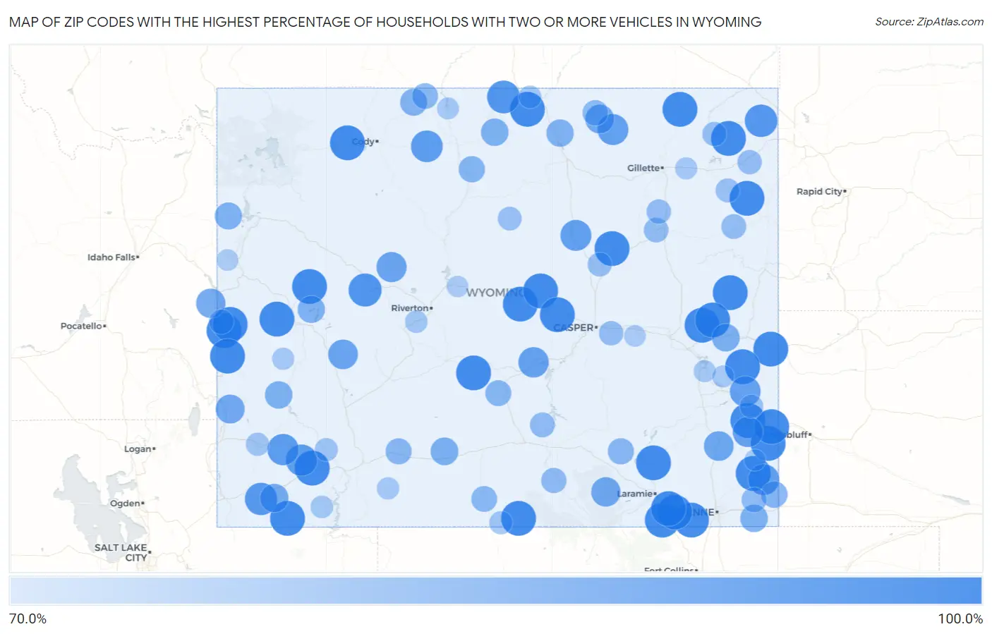 Zip Codes with the Highest Percentage of Households With Two or more Vehicles in Wyoming Map