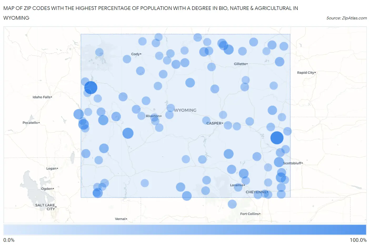 Zip Codes with the Highest Percentage of Population with a Degree in Bio, Nature & Agricultural in Wyoming Map