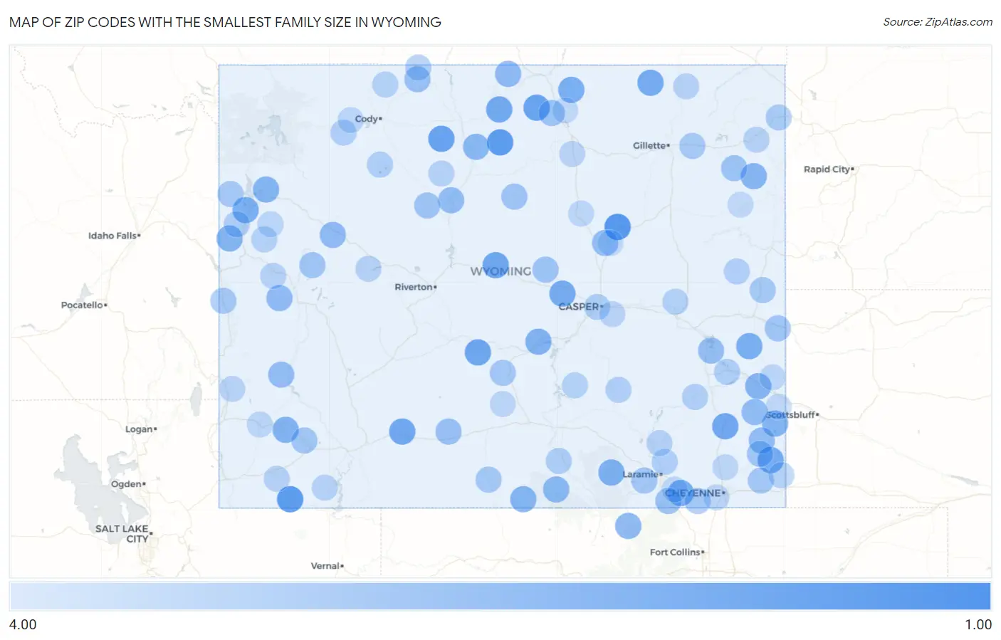 Zip Codes with the Smallest Family Size in Wyoming Map