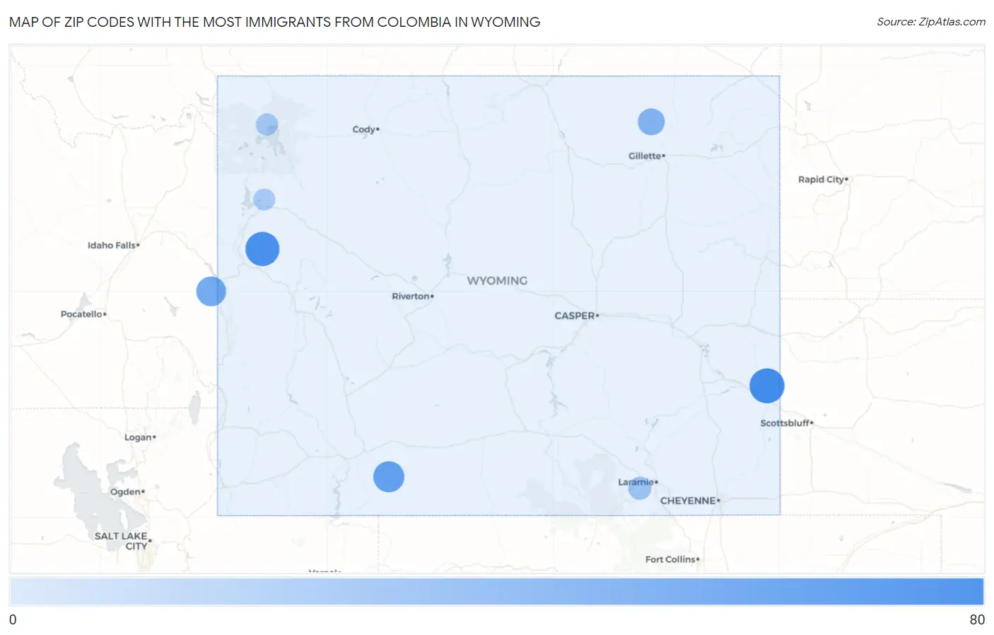 Zip Codes with the Most Immigrants from Colombia in Wyoming Map
