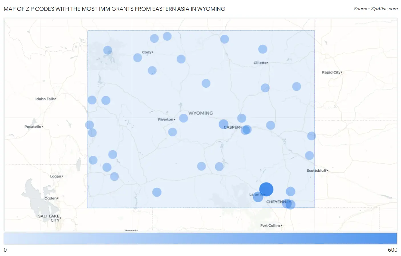 Zip Codes with the Most Immigrants from Eastern Asia in Wyoming Map