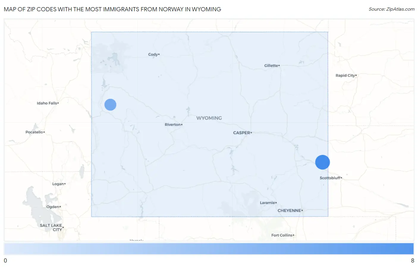 Zip Codes with the Most Immigrants from Norway in Wyoming Map