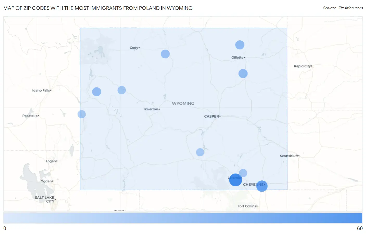 Zip Codes with the Most Immigrants from Poland in Wyoming Map