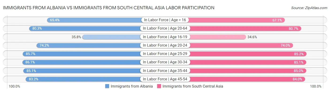 Immigrants from Albania vs Immigrants from South Central Asia Labor Participation