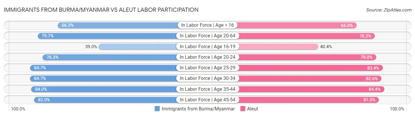 Immigrants from Burma/Myanmar vs Aleut Labor Participation