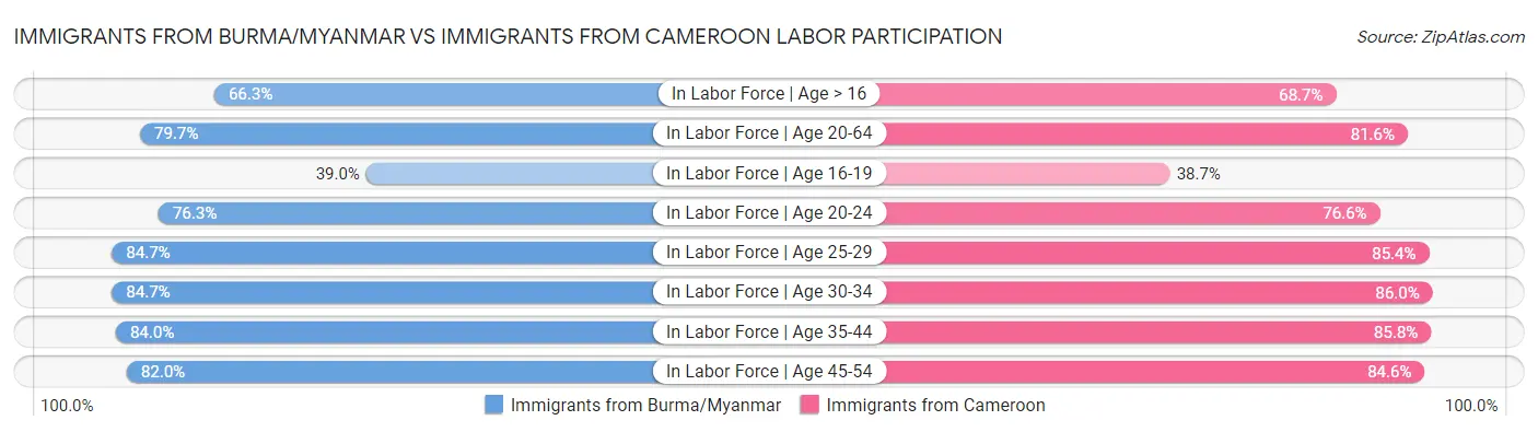 Immigrants from Burma/Myanmar vs Immigrants from Cameroon Labor Participation