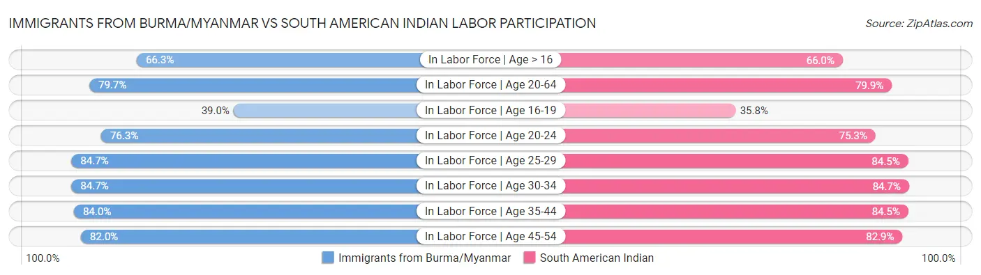 Immigrants from Burma/Myanmar vs South American Indian Labor Participation