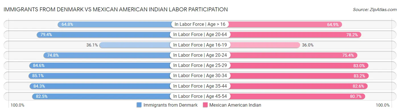 Immigrants from Denmark vs Mexican American Indian Labor Participation