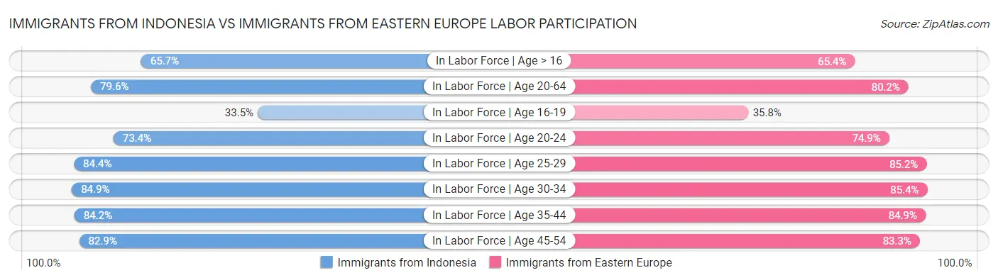 Immigrants from Indonesia vs Immigrants from Eastern Europe Labor Participation