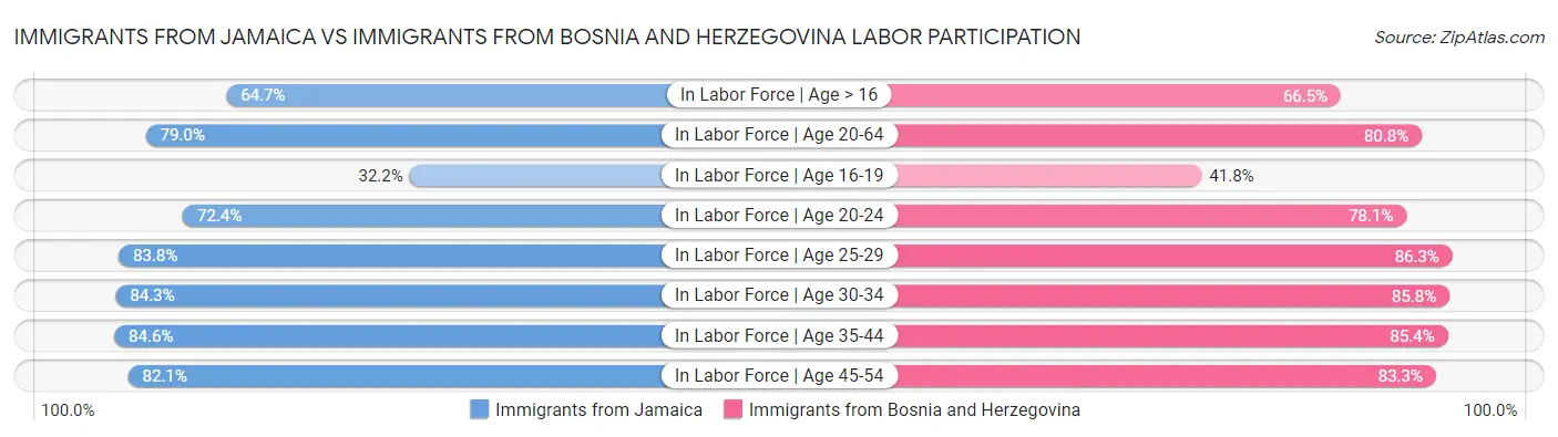 Immigrants from Jamaica vs Immigrants from Bosnia and Herzegovina Labor Participation