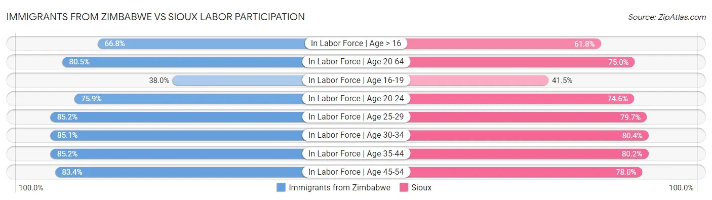 Immigrants from Zimbabwe vs Sioux Labor Participation