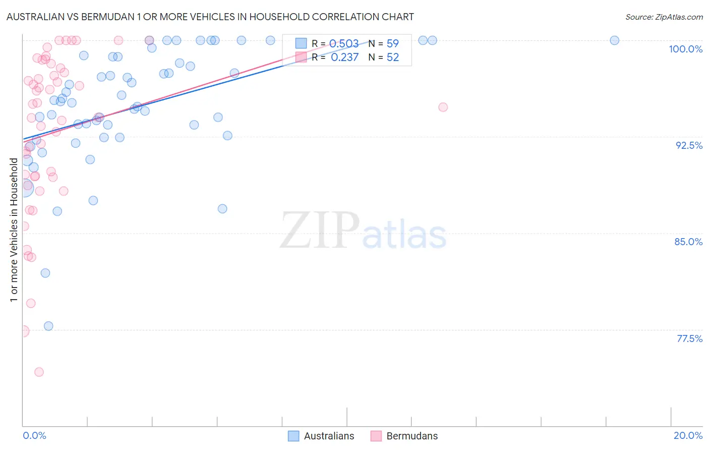 Australian vs Bermudan 1 or more Vehicles in Household
