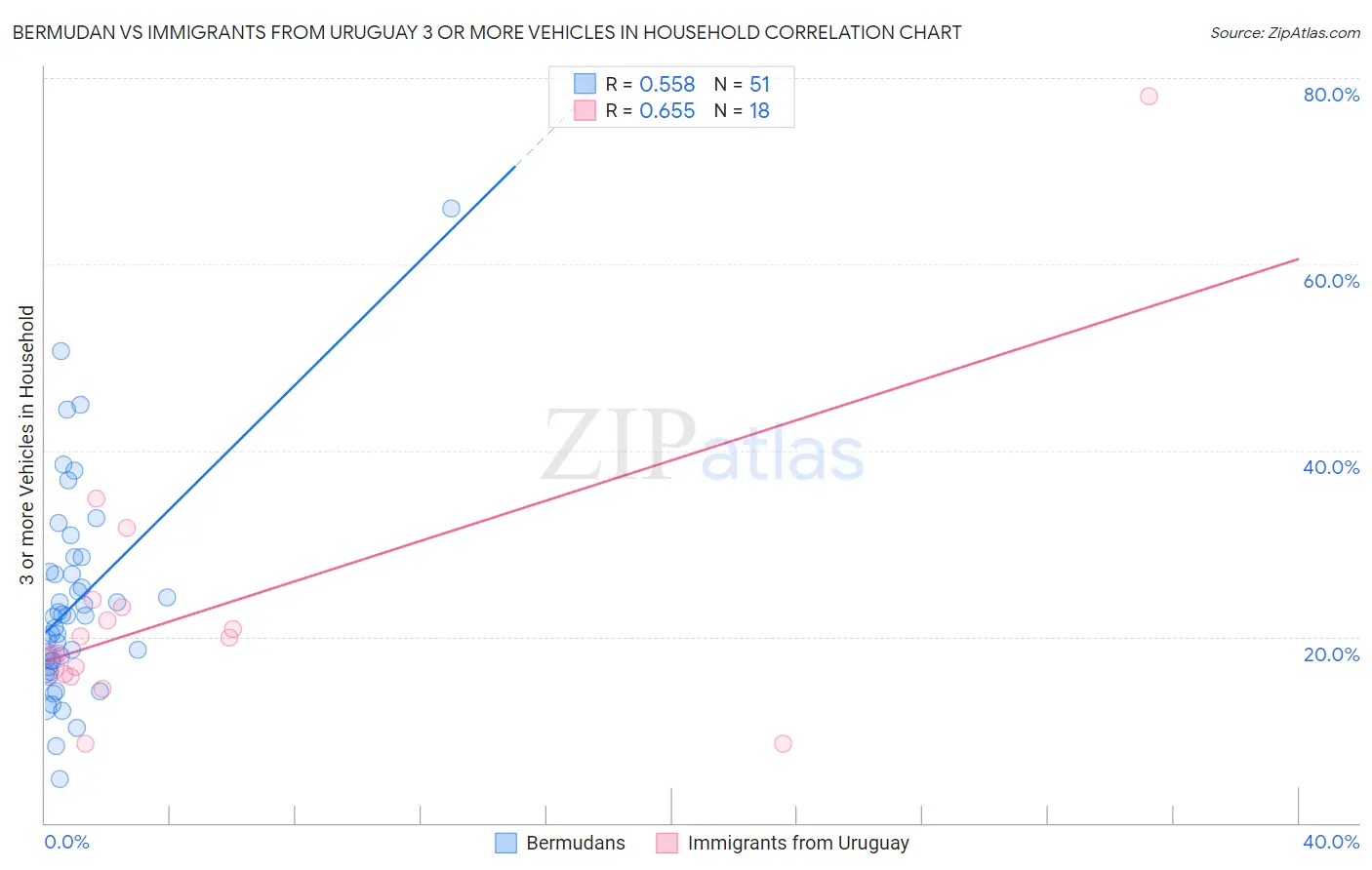 Bermudan vs Immigrants from Uruguay 3 or more Vehicles in Household