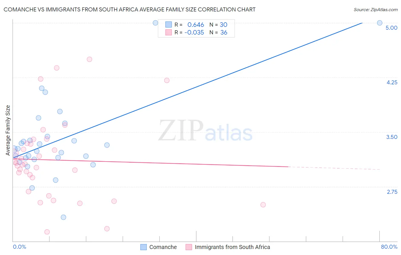 Comanche vs Immigrants from South Africa Average Family Size