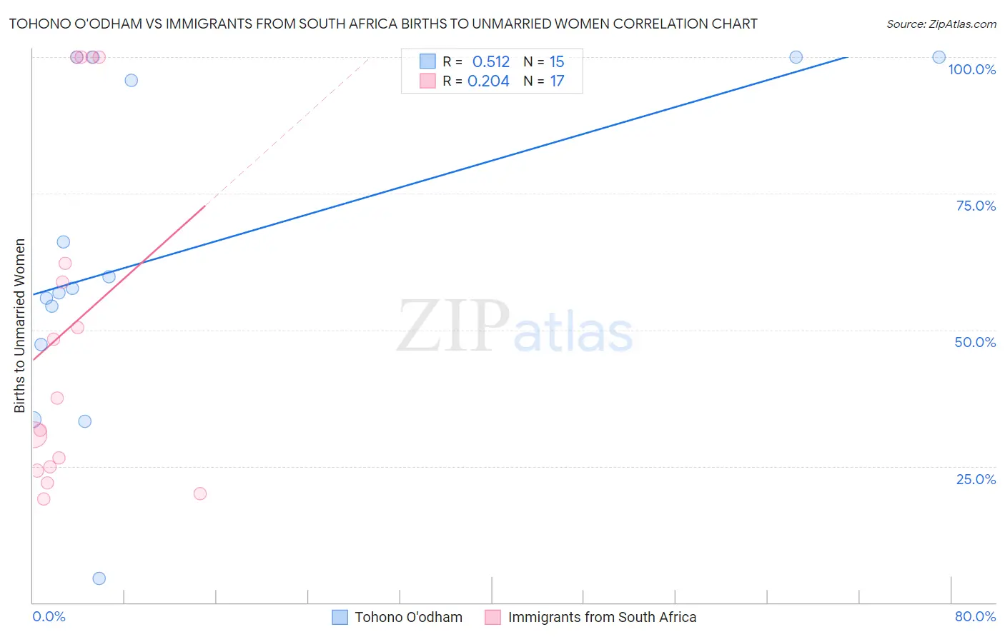 Tohono O'odham vs Immigrants from South Africa Births to Unmarried Women