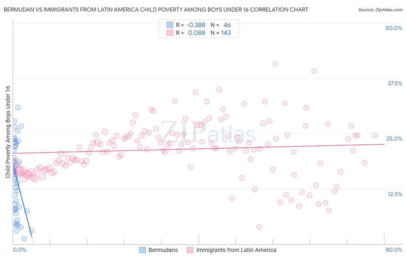 Bermudan vs Immigrants from Latin America Child Poverty Among Boys Under 16