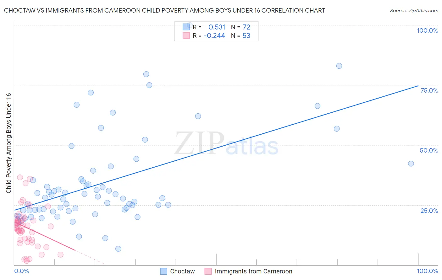 Choctaw vs Immigrants from Cameroon Child Poverty Among Boys Under 16