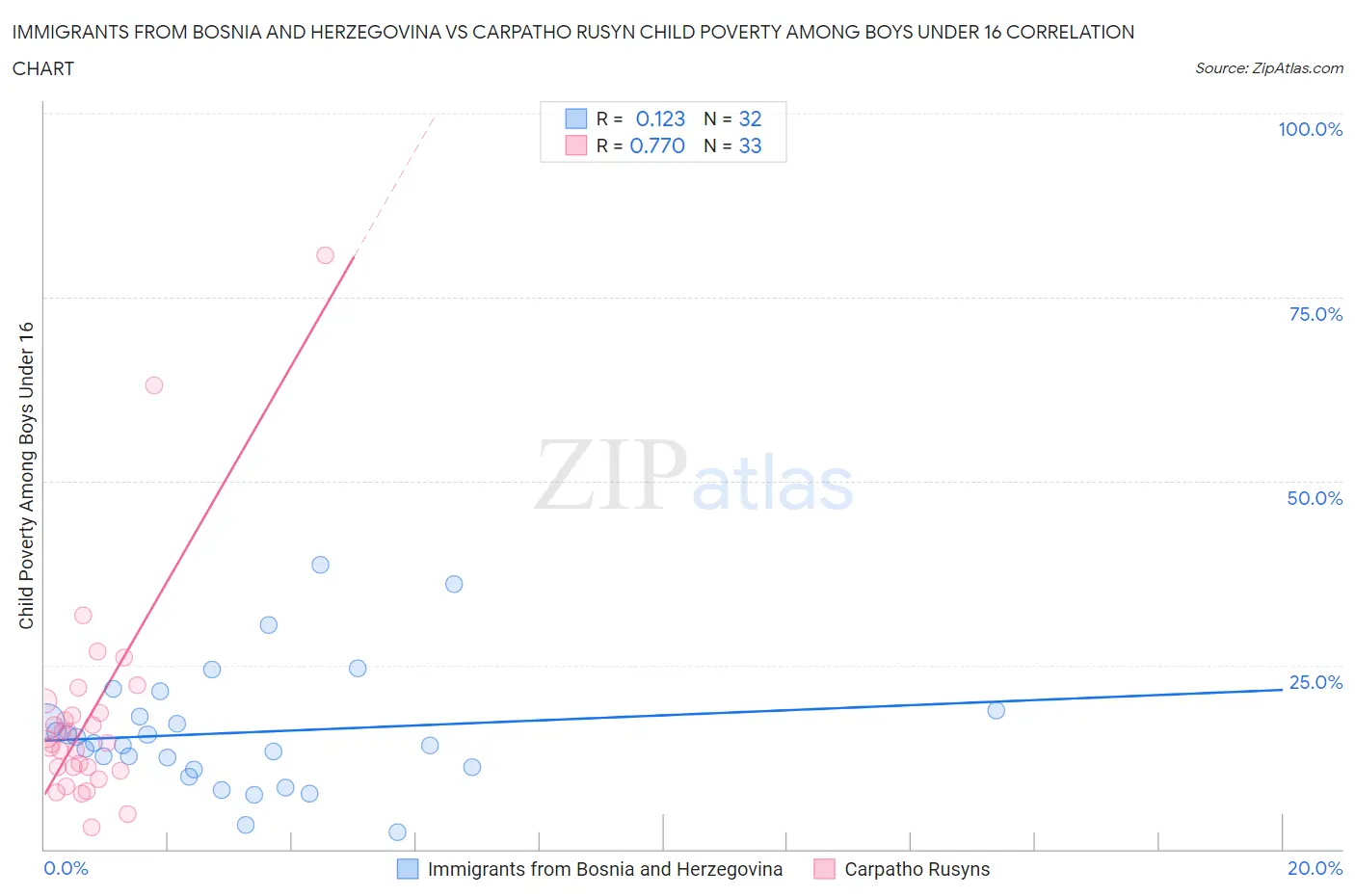 Immigrants from Bosnia and Herzegovina vs Carpatho Rusyn Child Poverty Among Boys Under 16