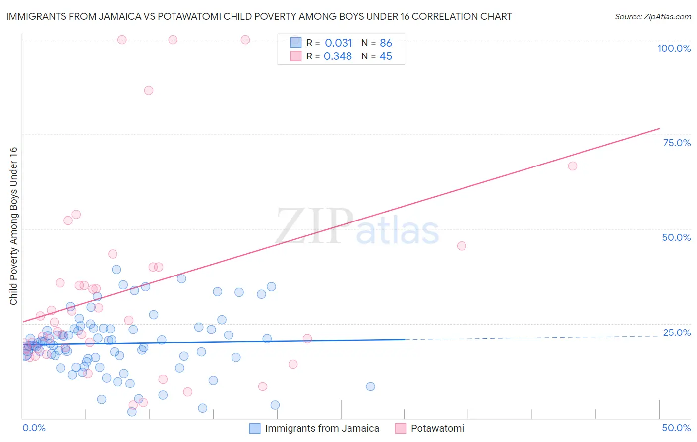 Immigrants from Jamaica vs Potawatomi Child Poverty Among Boys Under 16