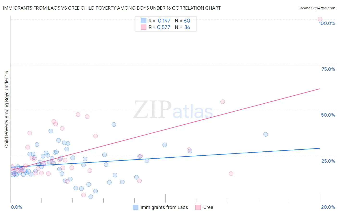 Immigrants from Laos vs Cree Child Poverty Among Boys Under 16