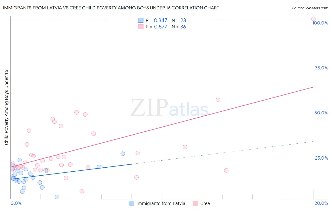 Immigrants from Latvia vs Cree Child Poverty Among Boys Under 16