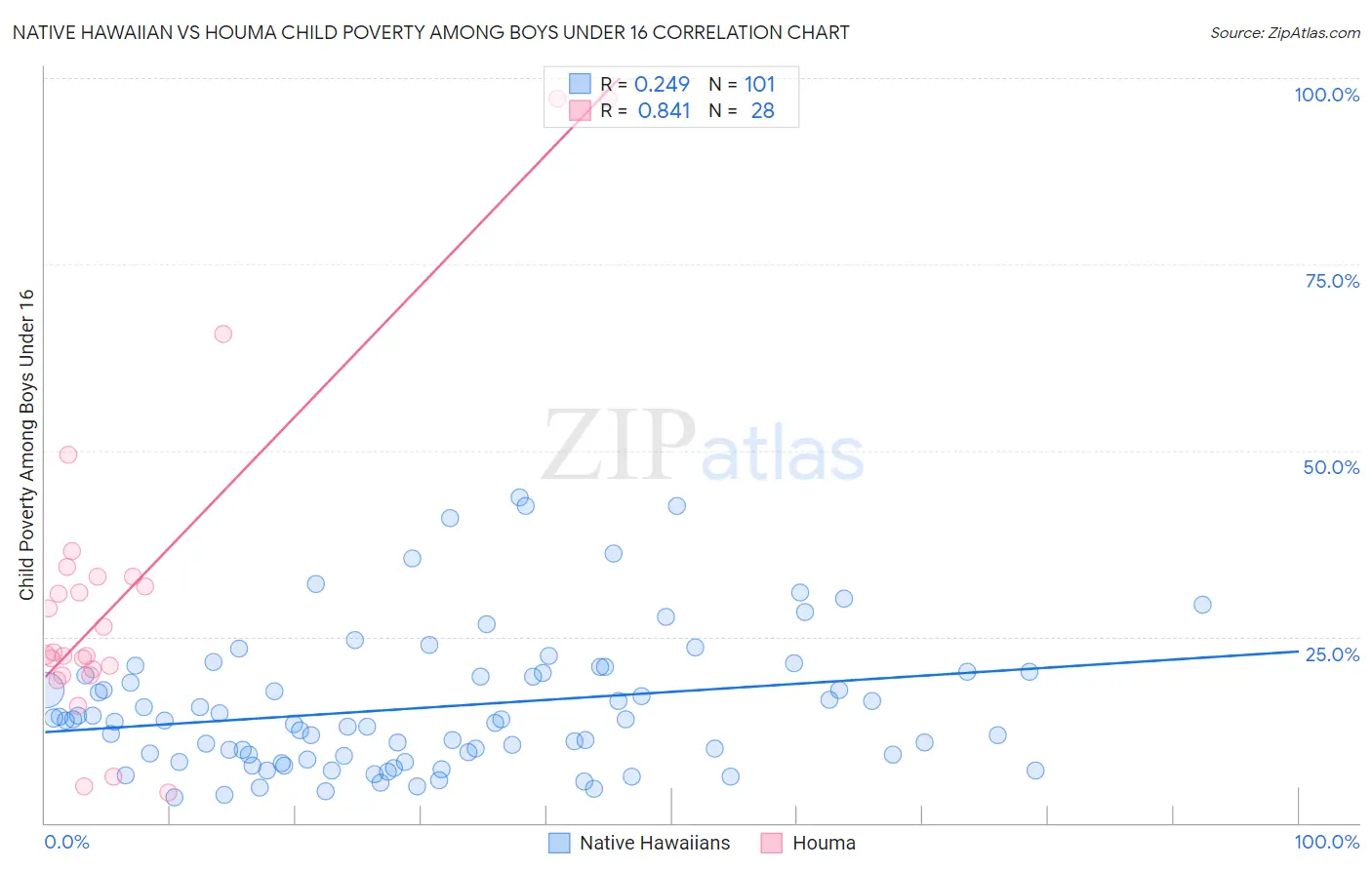 Native Hawaiian vs Houma Child Poverty Among Boys Under 16