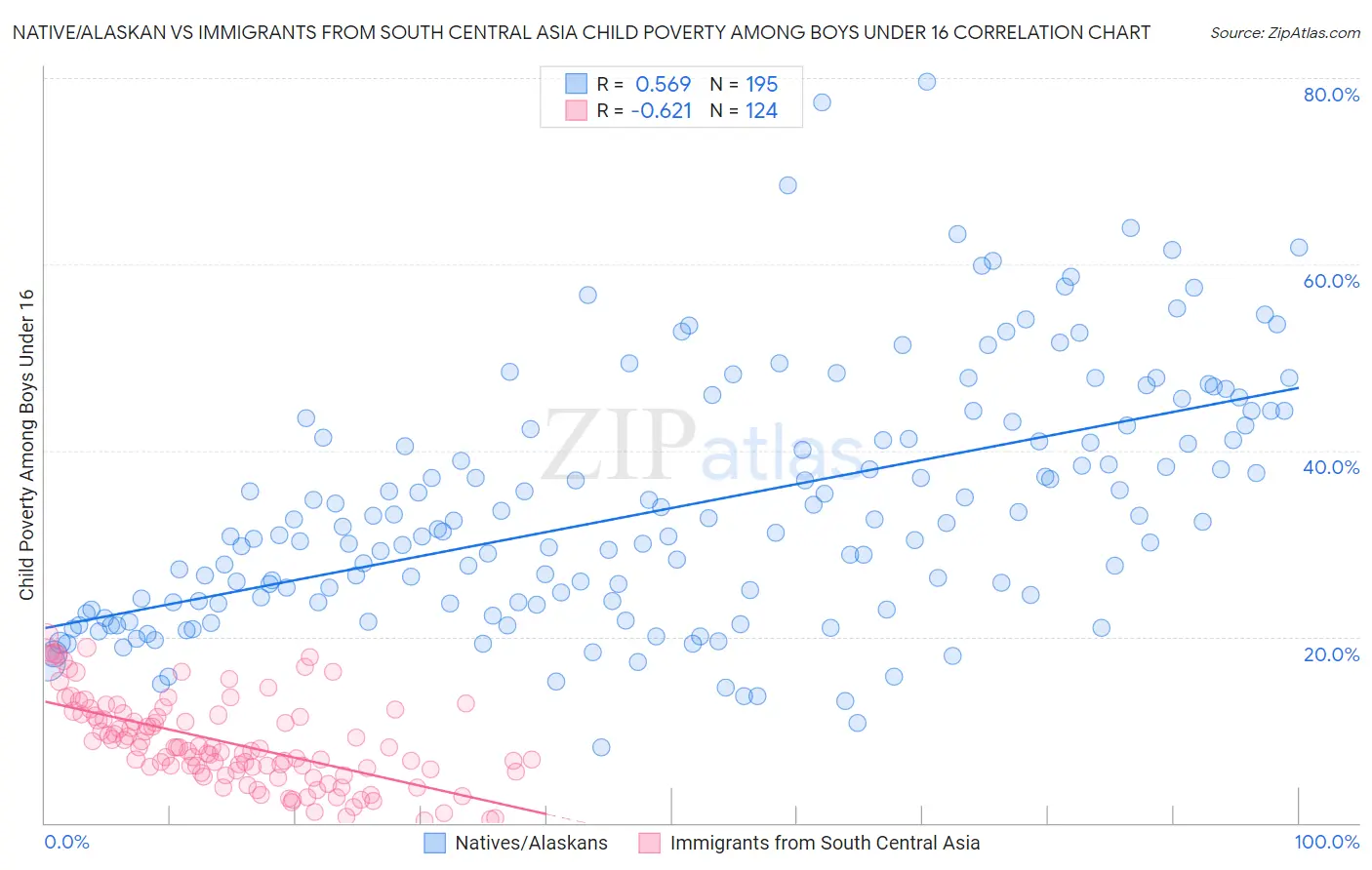 Native/Alaskan vs Immigrants from South Central Asia Child Poverty Among Boys Under 16