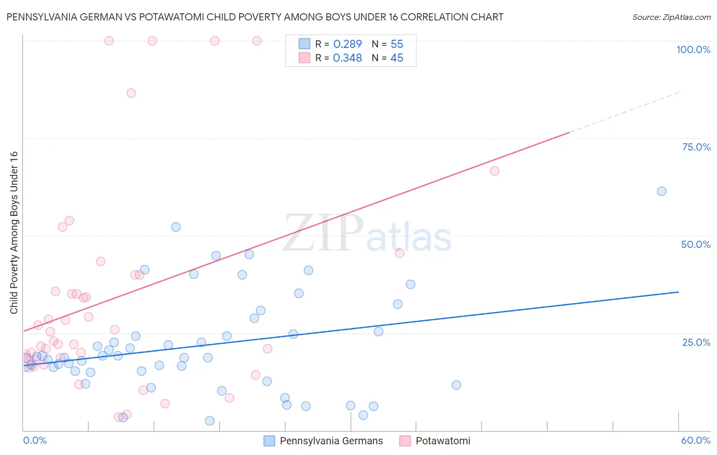 Pennsylvania German vs Potawatomi Child Poverty Among Boys Under 16