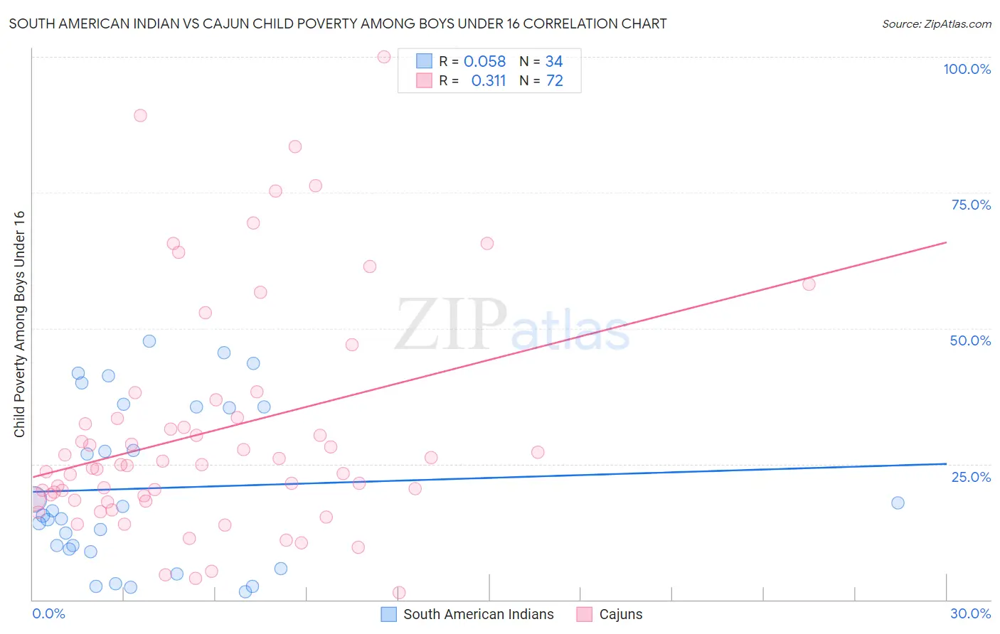 South American Indian vs Cajun Child Poverty Among Boys Under 16