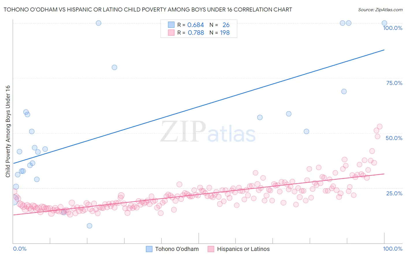 Tohono O'odham vs Hispanic or Latino Child Poverty Among Boys Under 16