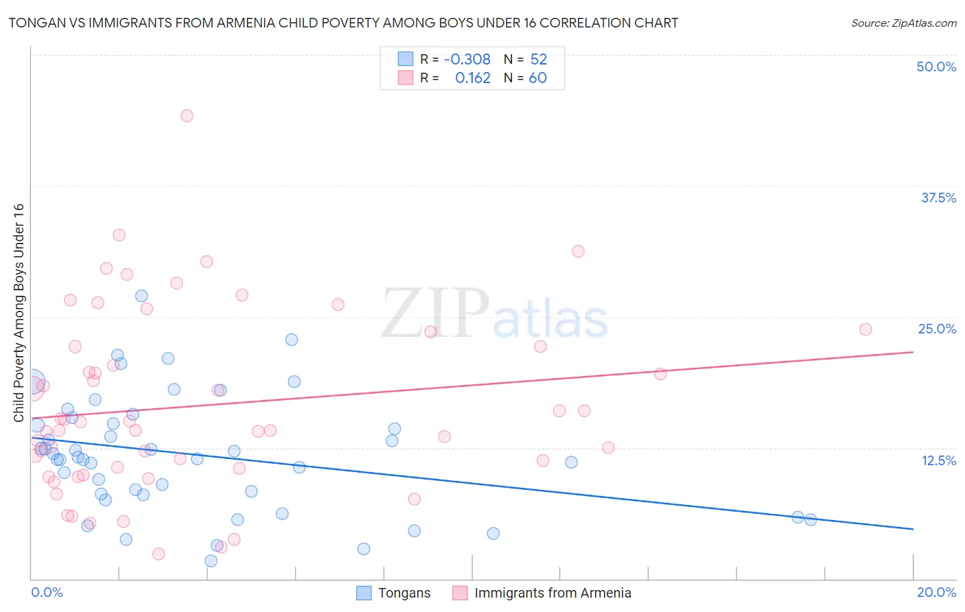 Tongan vs Immigrants from Armenia Child Poverty Among Boys Under 16