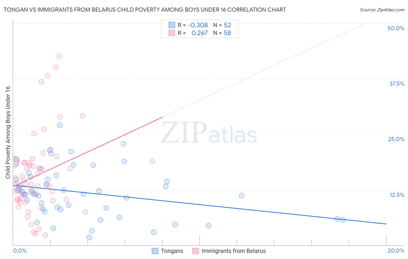 Tongan vs Immigrants from Belarus Child Poverty Among Boys Under 16